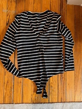 Express Black & White Striped Long Sleeve Snap-Front Bodysuit